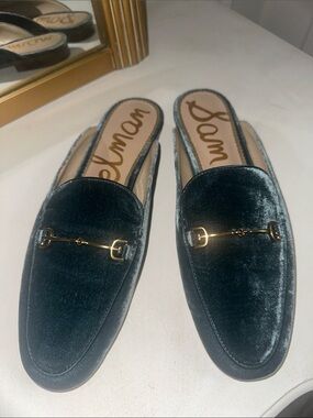 Sam Edelman Light Blue Velvet Mule Loafers Gold Bit Shoes Size 8.5 NEW